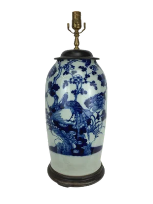 Mid *19th Century Chinese Celadon, Blue & White Porcelain Lamp With Birds and Flowers