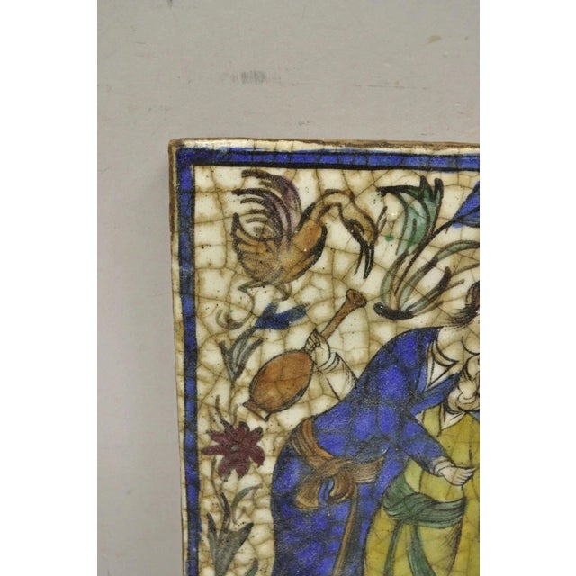 Early 20th Century Antique Persian Iznik Qajar Style Ceramic Pottery Tile Man and Woman Embrace C1 For Sale - Image 5 of 11