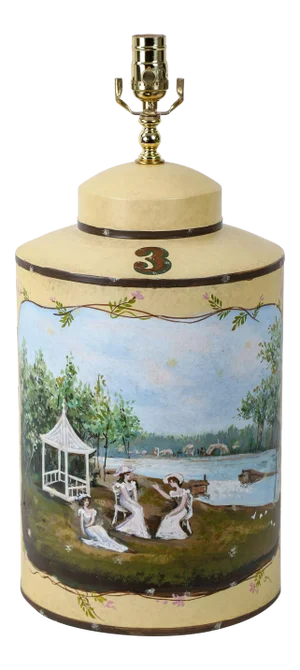 Vintage English Hand-Painted Landscape Tole Tea Caddy Table Lamp With Pavilion