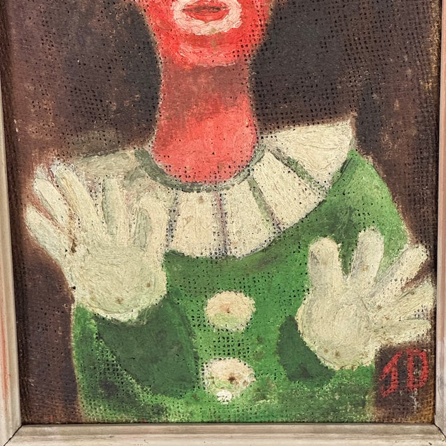 Mid 20th Century Vintage Folk Art Oil on Woven Fabric Painting of Red Faced Circus Clown in Green Suit, Signed J D For Sale - Image 5 of 10