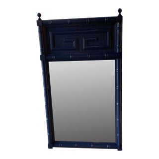 Vintage Navy Blue Lacquered Greek Key Faux Bamboo Wall Mirror For Sale