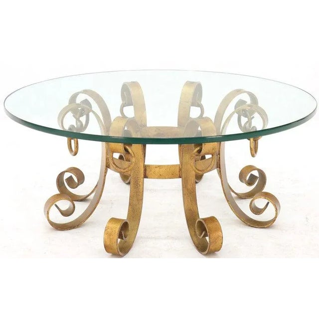 Gold Round Decorative Gilt Wrought Iron Base Glass Top Sunburst Coffee Table For Sale - Image 8 of 13
