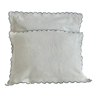 Vintage Large European Size Matelasse Shams in White With Scalloped French Blue Trim, Made in Portugal - a Pair For Sale