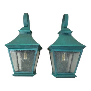 Pair of Vintage Solid Brass Outdoor Lanterns – Arts & Crafts Mission Style For Sale