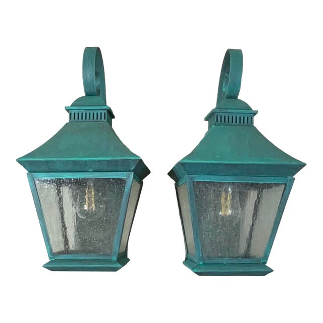 Pair of Vintage Solid Brass Outdoor Lanterns – Arts & Crafts Mission Style For Sale
