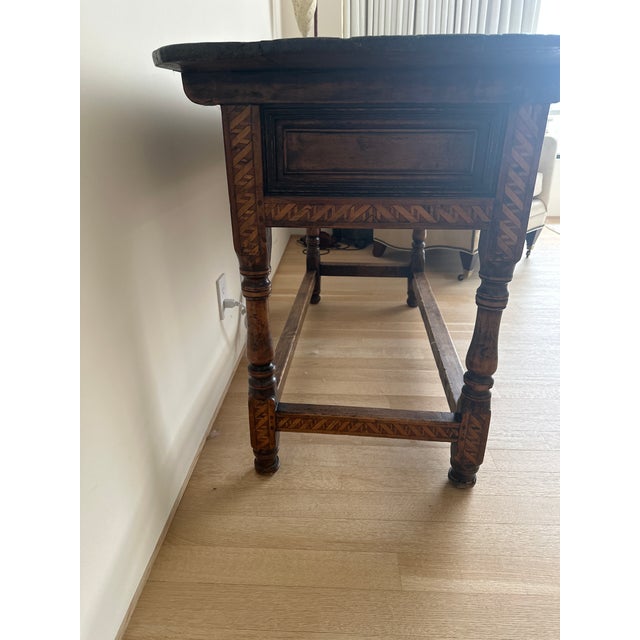 2 drawer console table Beautiful marquetry details. Some flaws lend character and depth to this well loved and cherished...
