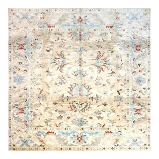 Indian Sultanabad Bamboo Silk 10x10 Light Blue, Ivory & Gray Handmade Square Area Rug 1143480 For Sale