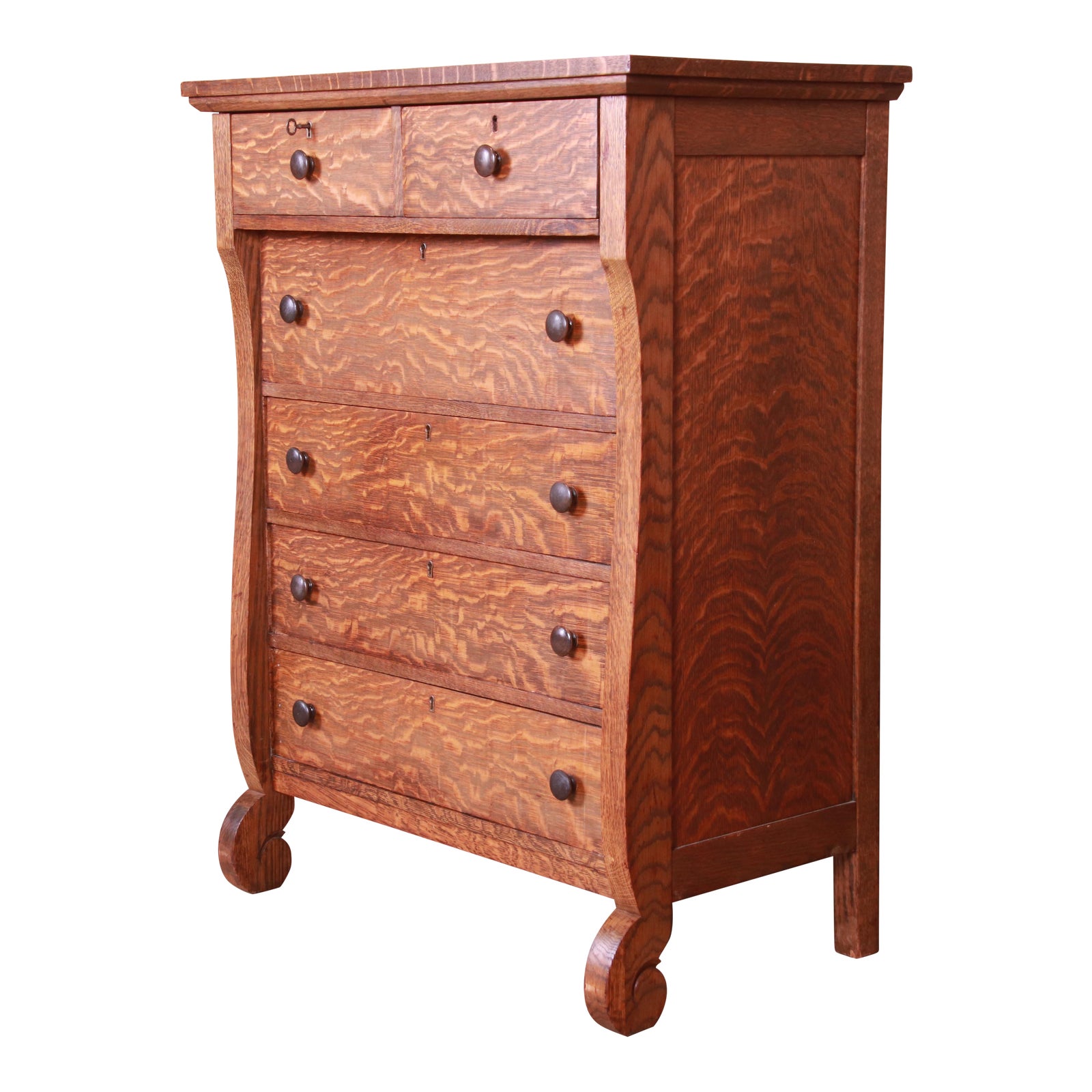 Antique American Empire Quarter Sawn Oak Highboy Dresser, Circa 1900