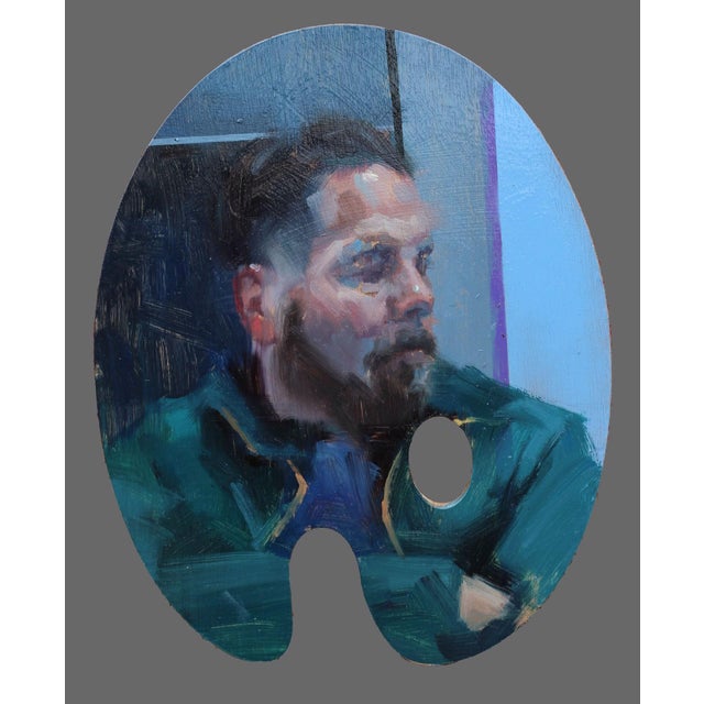 The painting depicts a contemplative male figure seated in a subway, captured in a moment of introspection. The use of oil...