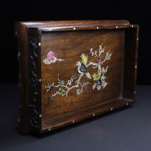 Art Deco Huali Wood Tray With Mother-of-Pearl Inlay “Magpies on Plum Blossom” – Handcrafted Chinese Serving & Decorative Tray For Sale - Image 3 of 10