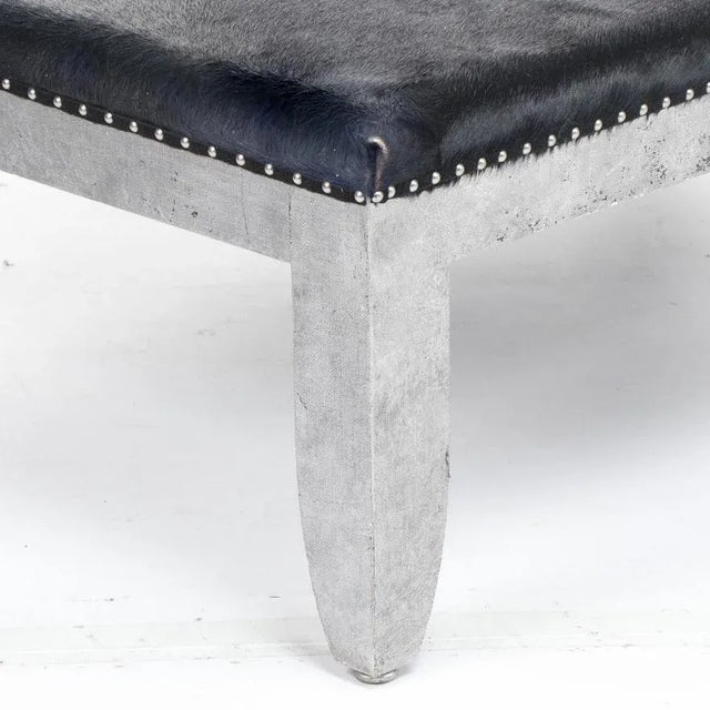 1990s Custom Designed Distressed Silver Lacquer Raffia and Hair on Hide Coffee Table For Sale - Image 5 of 11