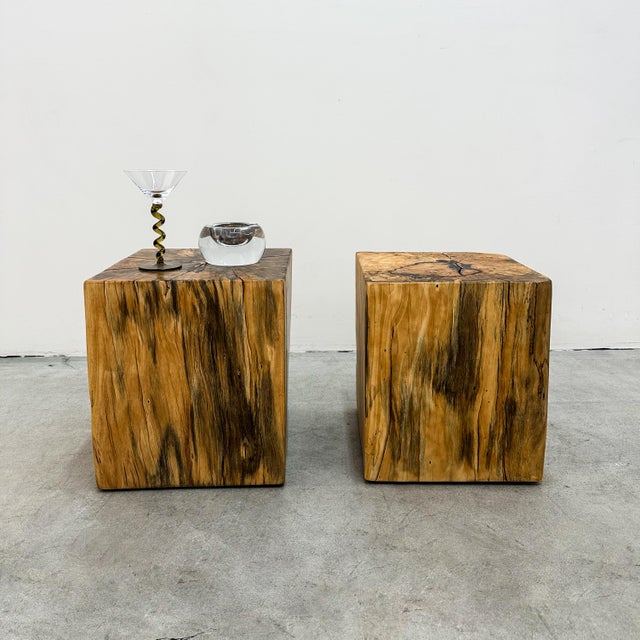 This vintage pair of solid wood block stools is crafted from spalted maple, prized for its dramatic natural veining,...