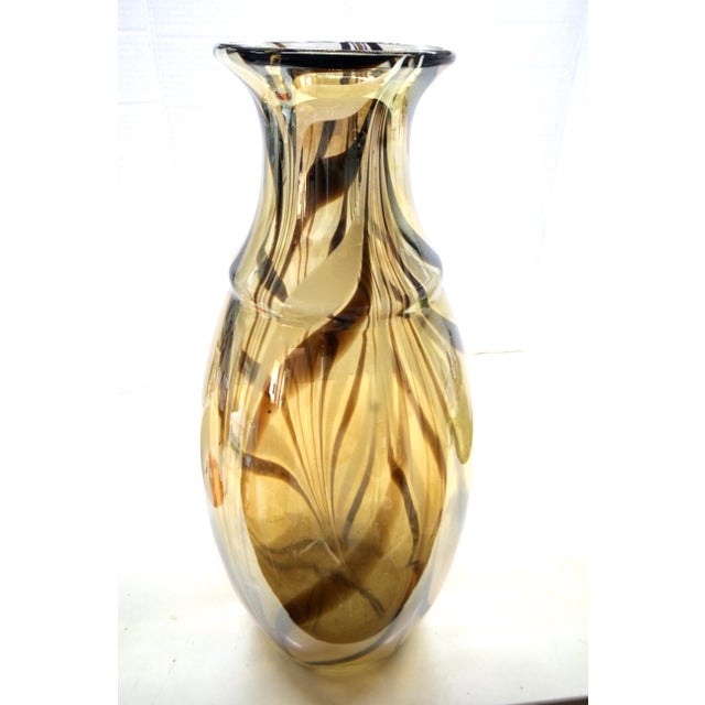 Glass 1960s Maestro Carlo Moretti-Style Murano Amber & Espresso Swirl Vase Cased Glass - 14" For Sale - Image 7 of 11