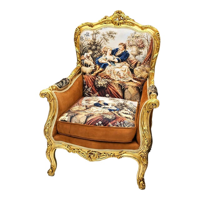 French Louis XV Bergère Chair With Romantic Tapestry Upholstery, Velvet Panels & Hand-Gilded Gold Leaf Frame For Sale