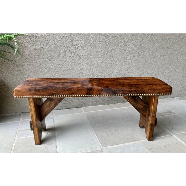 Circa 2000 Western Chic Hair-on-Hide Ranch-Style Accent Bench With Brass Nailhead Trim For Sale - Image 17 of 18
