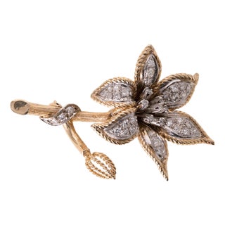 Vintage 14k Gold Diamond Floral Brooch Two Tone For Sale