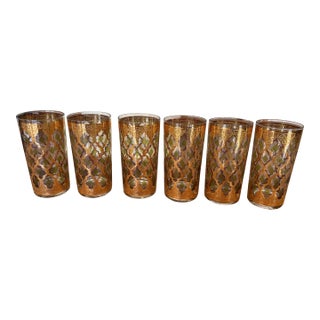 1960s Culver LTD "Valencia" 22k Gold & Green Highball Glasses - Set of 6 For Sale