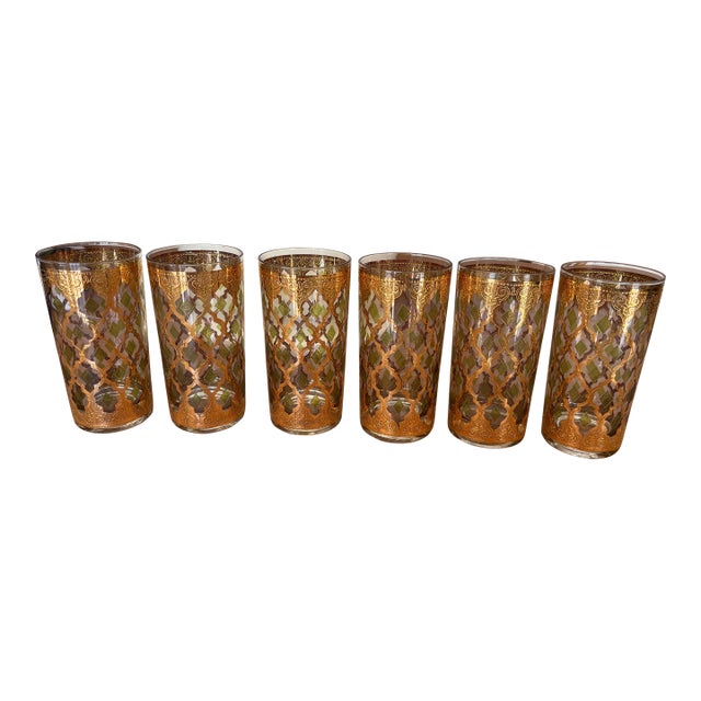 1960s Culver LTD "Valencia" 22k Gold & Green Highball Glasses - Set of 6 For Sale