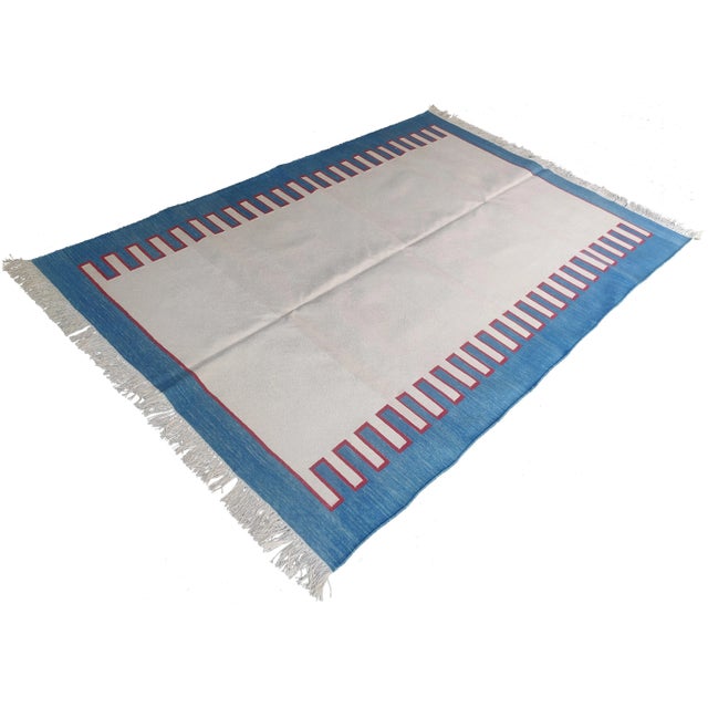 Blue Handmade Cotton Key Rug, White with Red and Sky Blue Border 4'x6' For Sale - Image 8 of 8