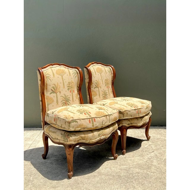 Mid-Century Modern Vintage Palm Print Fabric Slipper Chairs - Pair For Sale - Image 3 of 12