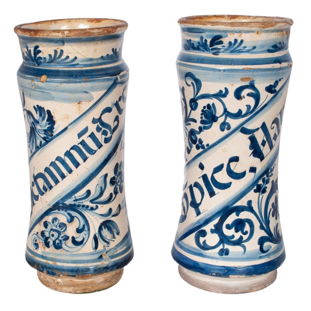 17th Century Pair of Antique 17th Century Spanish Blue & White Pottery Albarelli Drug Jars 1680 For Sale - Image 5 of 12