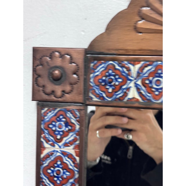 Mexican Folk Art Handcrafted Embossed Tin + Hand Painted Tile Mirror For Sale - Image 9 of 12
