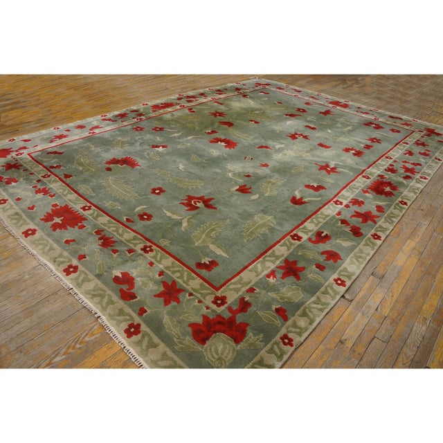 1930s Green Floral Antique Chinese Art Deco Carpet 9'9"x13'8" Knotted Wool Rug For Sale - Image 4 of 11