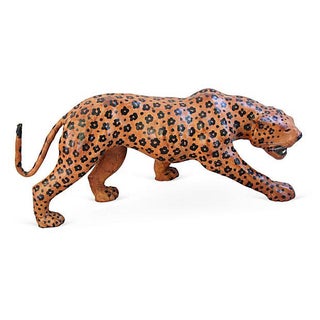 Vintage Large 31" Hand-Painted Leather Jaguar For Sale