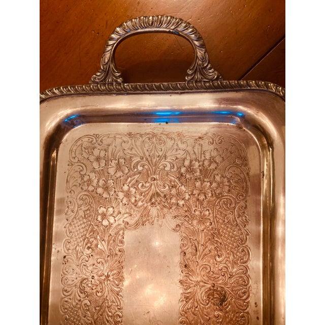1970s Small Etched Dual Handle Decorative Tray in Silver Plate Over Copper For Sale - Image 4 of 10