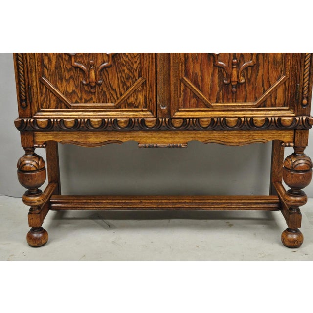 Wood Antique Jacobean Renaissance Tudor Oak Blind China Cabinet Bookcase Cupboard For Sale - Image 7 of 15