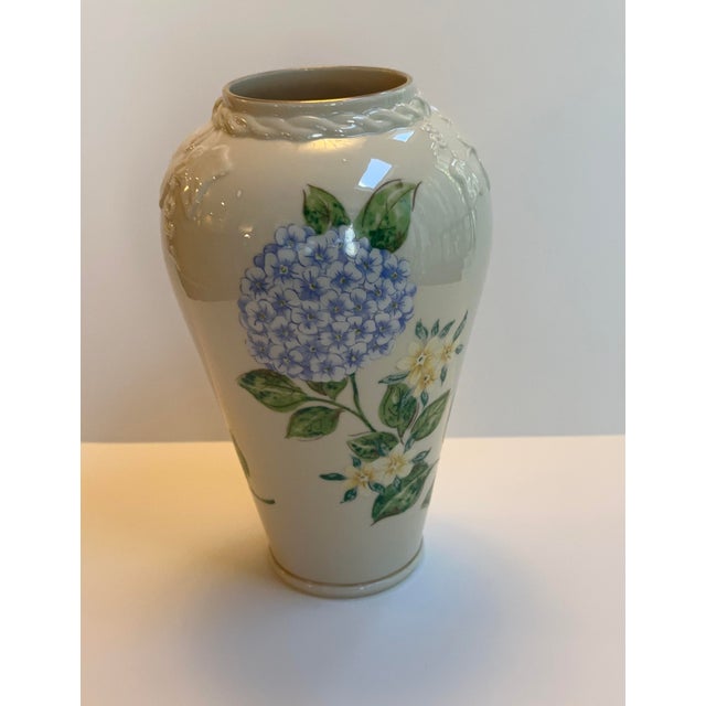Lenox "Blue Hydrangeas" Collection Ceramic 10.5" Tall Ivory Vase Embossed Hand Painted Floral Design For Sale - Image 11 of 15