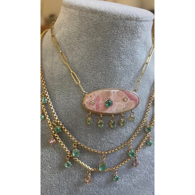 Rhodochrosite Necklace With Emeralds & Diamonds on Large 14k Gold Paperclip Chain For Sale - Image 10 of 10