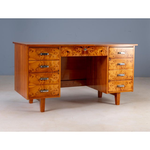Mid-Century Modern Writing Desk in Burl Veneer with Eight Drawers For Sale - Image 4 of 16