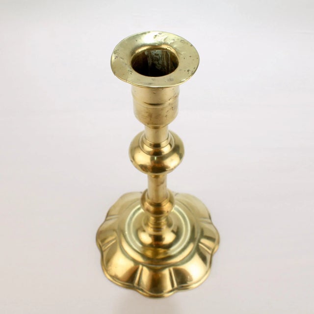 English Antique 18th Century George II English Brass Petal Base Single Candlestick For Sale - Image 3 of 13