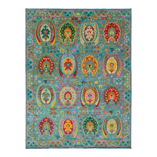 Contemporary Vibrant Oushak-Style Hand-Knotted Turquoise & Jewel-Tone Wool Rug For Sale