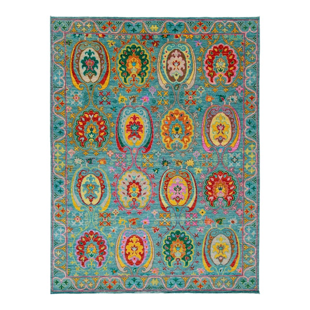 Contemporary Vibrant Oushak-Style Hand-Knotted Turquoise & Jewel-Tone Wool Rug For Sale