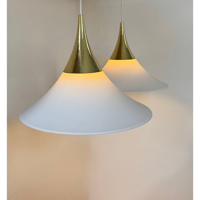 Gold Brass and Opaline Glass Pendant Lights from Limburg, Germany, 1970s, Set of 2 For Sale - Image 8 of 11