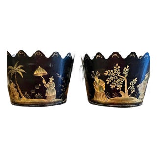 Pair of Vintage Black and Gold Tole Cachepots For Sale