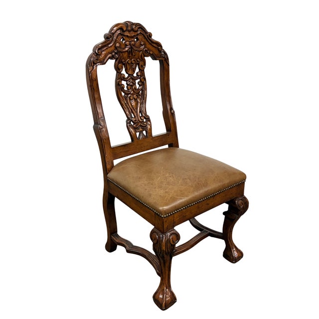 Late 20th Century Dutch Chippendale Style Carved Fruitwood & Leather Dining Chairs — Set of 4 For Sale - Image 4 of 10