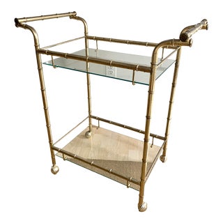 Vintage Hollywood Regency Style Faux Bamboo Brass and Glass Bar Cart For Sale