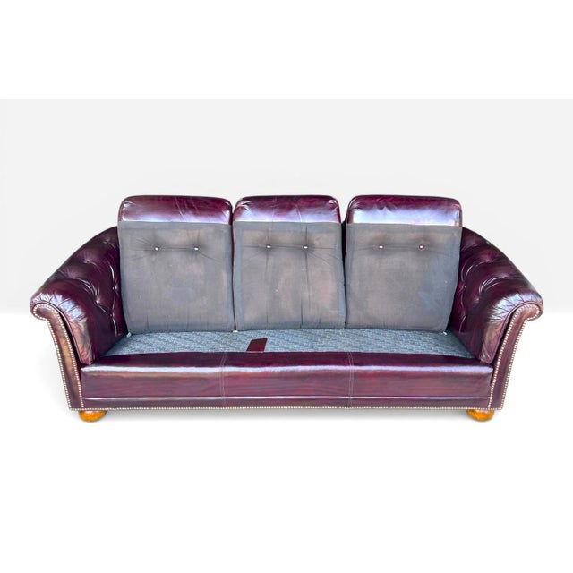1980s Classic Oxblood Leather English Club Sofa With Tufted Back & Brass Trim For Sale In Los Angeles - Image 6 of 11