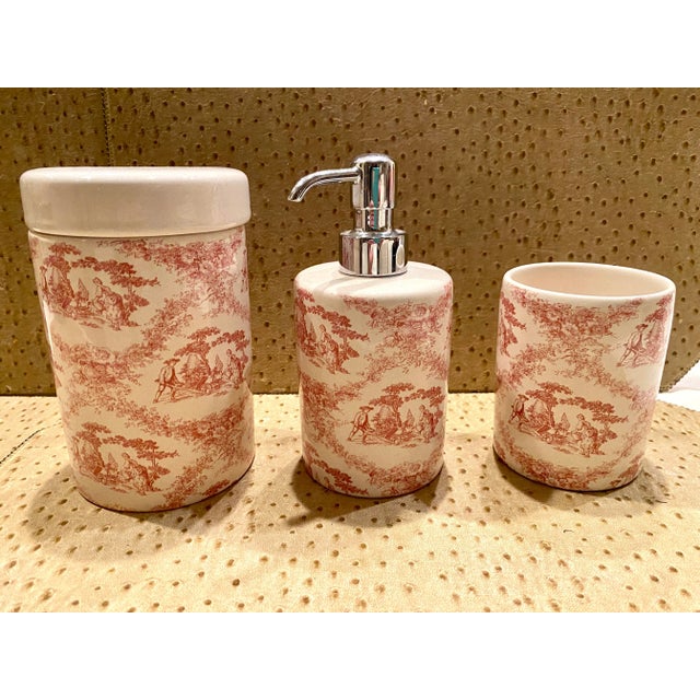 Ceramic Vintage Labrazel 3 Piece Toile Bath Set in Red Toile, Made in Italy, Includes Cup, Soap Dispenser and Cotton Jar For Sale - Image 7 of 9