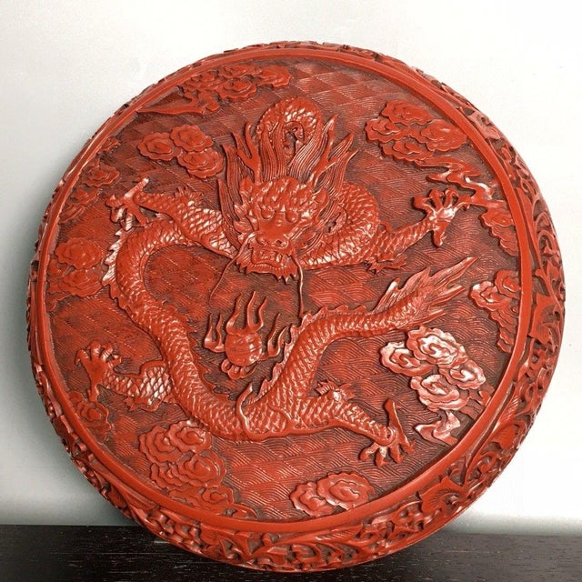 Paint Carved Cinnabar Lacquer Round Lidded Box, Dragon & Cloud Chinoiserie Decorative Box For Sale - Image 7 of 9