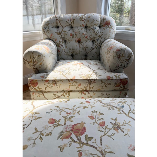 Custom Tufted Scalamandre Light Blue Floral Lounge Chair and Ottoman For Sale - Image 11 of 18