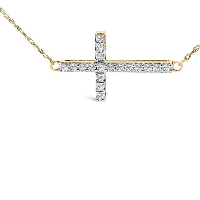 Contemporary 10K Yellow Gold 1/5 Cttw Diamond Sideways Cross Pendant Necklace For Sale - Image 3 of 4