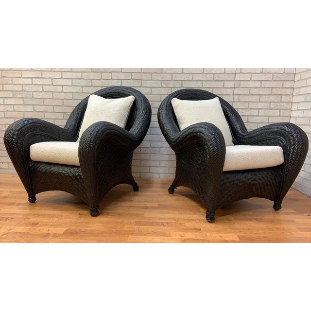 Modern Malabar Woven Wicker Rattan Lounge Chairs W/ Newly Reupholstered Pillows - Set of 2 For Sale - Image 3 of 11