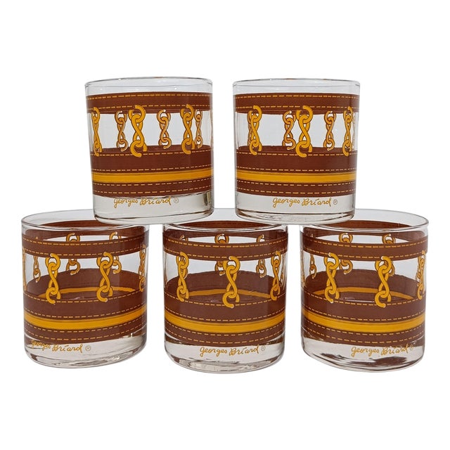 Low Ball Glasses with Chain Motif and Leather by Georges Briard, 1980s, Set of 5 For Sale