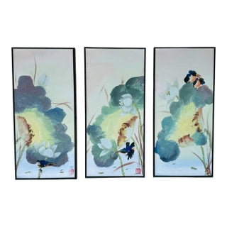 Set 3 Chinese Watercolor Paintings Kingfishers & Lotus Flowers, Framed For Sale