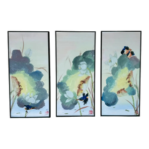 Set 3 Chinese Watercolor Paintings Kingfishers & Lotus Flowers, Framed