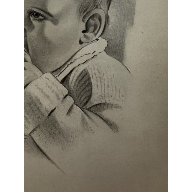 American 1940s Original Signed Graphite Illustration of Thoughtful Baby Portrait, 11 × 8 In. For Sale - Image 3 of 6
